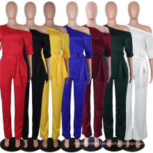 C3658 2020 new arrivals jumpsuit sexy one shoulder long sleeve solid color full length flared pants women Christmas onesie sexy
